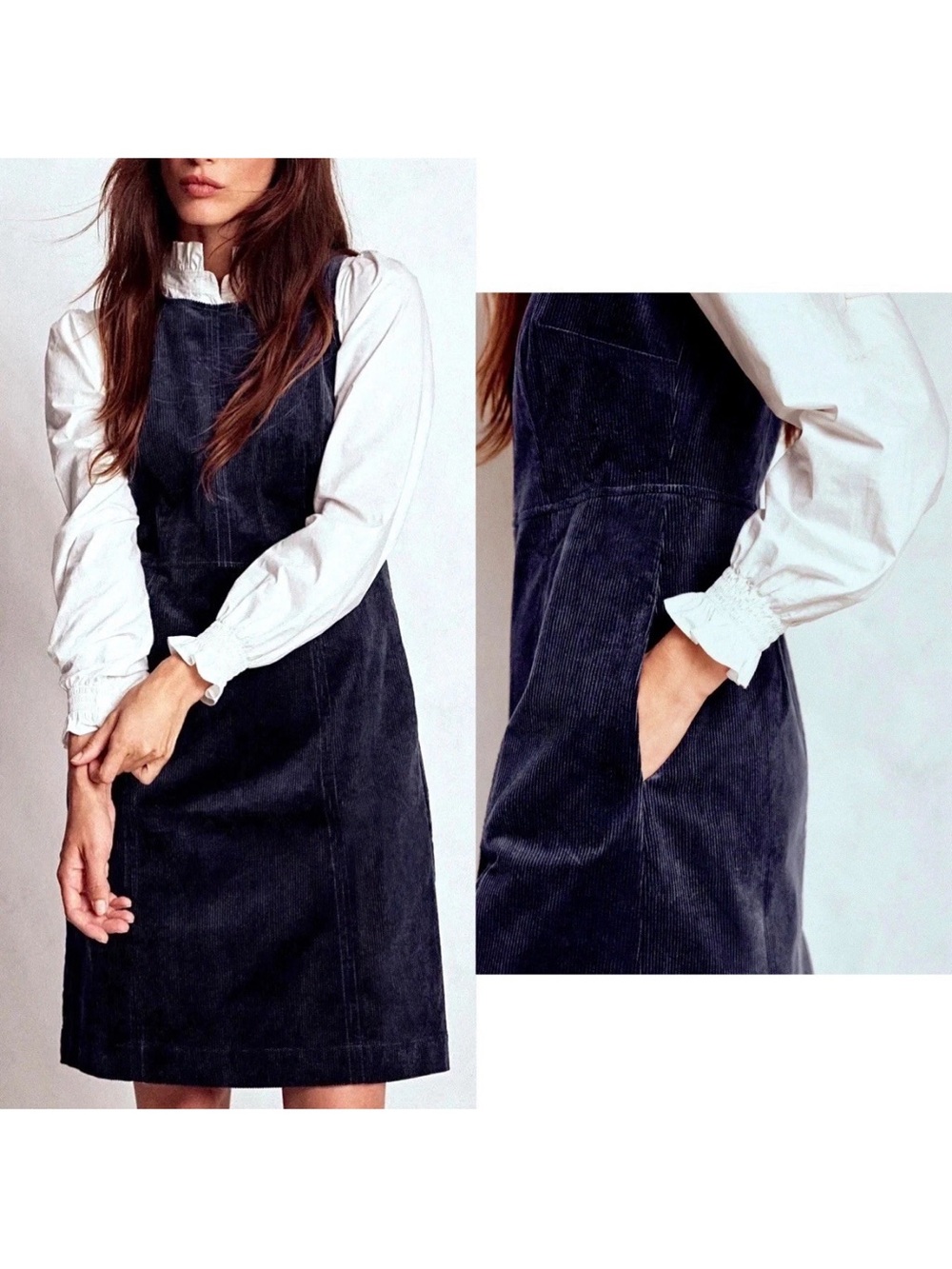 Boden ANNIE Corduroy Shift Dress Size 8L Navy Blue Sleeveless Stretch POCKETS!